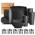 Teivio 18-Piece Square Plastic Plates Bowls and Cup Set with Cutlery, Kitchen Dinner Set Service for 6, Dinner Plate/Bowl/20 oz Cup/Knife/Fork/Spoon, Unbreakable Outdoor Camping Dishes, Black