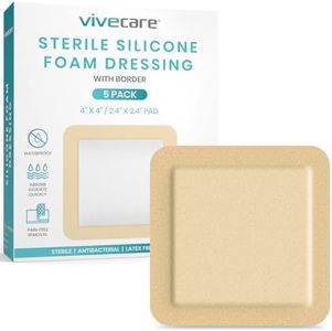 ViveCare Silicone Foam Dressing 4x4 with Border Adhesive - Bed Sore Bandage Foam Wound Dressing - Silicone Bordered Foam Dressing with Adhesive Border - Pressure Sore & Ulcer Wound Patches (5 Pack)