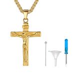 INRI Crucifix Jesus Cross Cremation Necklace for Men Women Urn Jewelry for Ashes Human 18K Gold Plated Pendant with Spiga Chain 22''