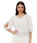 GRACE KARIN Women's Elegant V Neck Chiffon Blouse Shirts Summer Dressy Chiffon Tops for Going Out White S