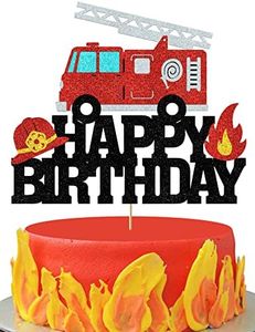 Fire Truck Cake Topper Firetruck Fireman Happy Birthday Cake Decorations for Boys Girls Glitter Fire Truck Theme Party Decoration Supplies