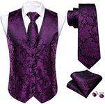 Barry.Wang Mens Paisley Waistcoat Flower Jacquard Silk V-neck Suit Vest and Tie Pocket Square Cufflinks for Wedding Tuxedo Prom, Purple Black Flower, X-Large