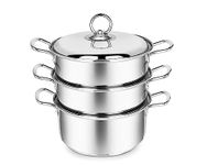 Penguin Home 3 Tier Stainless Steel Food Steamer Pan Set, Induction Safe Stainless Steel Lid with Knob, Sturdy Steel Handles, Kitchen Pan Steamer Set for Cooking, (20 Cm) Silver