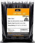 ALBO Zip Ties Black 10 Inch 1000 Pack 50 lb, Long Plastic Cable Ties Thick 0.19 Inch Tie Wraps Heavy Duty UV Resistant Nylon Wire Ties for Indoor and Outdoor