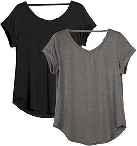 icyzone Yoga T-Shirts for Women Open Back - Workout Tops Short Sleeves Shirts Loose fit, 2 Pack, Black/Charcoal, M