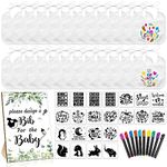 Newwiee 55 Pcs DIY Baby Bibs Set Includes 22 White Feeder Bibs 22 Stencils 10 Fabric Markers 1 Wooden Baby Shower Game Sign (Greenery)