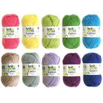 KNITCA 100% COTTON YARN - SOFT, VERSATILE AND EASY-TO-CARE-FOR - DK WEIGHT (125m in 1.7 oz / 50 g) - 10 PACK (10 x 1.7 oz / 50 g balls) - FOR KNITTING, CROCHETING AND WEAVING (Multicolour ( Lotus, Eggplant, Azure Blue, Yellow, Silver Cloud, Dark Coral, Navy Blue, Tan, Lime Green, Forest Green))