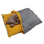 rucomfy Fibre-Filled Large Burrower Calming Dog Bed with Comfort Blanket - Machine Washable Jumbo Cord Pet Bed with Water Resistant Base - 125 x 94 x 20cm (Mustard)