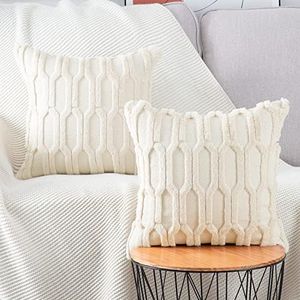 MADIZZ Plush Short Wool Beige Throw Pillow Covers 12x12 Inch Set of 2 Super Soft Cozy Pillow Covers Velvet Back Decorative Throw Pillowcases for Sofa Livingroom Couch Bed