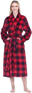 PAVILIA Plush Robe For Women | Buffalo Plaid Red Black Fluffy Soft Bathrobe | Luxurious Fuzzy Warm Spa Robe, Cozy Fleece Long Robe | Small-Medium