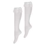 Women's Soft Knee High Socks Cotton Socks Lovely And Cute Lace Ruffle Bow Socks Tube Socks High Stockings for Lolita (White)