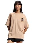 JUNEBERRY® Oversize Loose Baggy Fit Drop Shoulder Cool and Stylish Latest Duck Pocket Print Design Beige Half Sleeve T-Shirt for Women & Girls