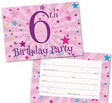 Age 6 Party Invitations Kids. Pack of 36. Pink Starburst themed invitation with matching envelopes. 120 x 172mm. Party Invites, Birthday Party Invitations. Designed and Printed in UK.