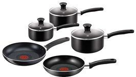 Tefal Essential, Aluminium Pots and Pans Set, 16 cm, 18 cm and 20 cm Saucepans with Lids, 20 cm and 24 cm Frying Pans, Black, B472S545