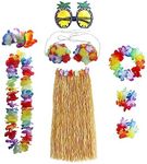 8Pcs 60 cm Hawaiian Grass Skirt with Pineapple Sunglasses Flower Accessories, Dancing Hula with Flower Bikini Top, Hibiscus Hair Clip, Pineapple Sunglasses for Women