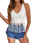 Verdusa Women's Guipure Lace Fringe Hem V Neck Sleeveless Crop Tank Top White M