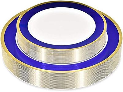 Stock Your Home 50 Piece Disposable Plates - Heavy Duty Plastic Dinnerware for Wedding Birthday Party Holiday Baby Shower - Includes 25 Dinner Plates and 25 Dessert Plates (Blue and Gold)