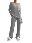 SotRong Wide Leg Ripped Lounge Wear Sets for Women Uk Ladies Leisure Suits Two Piece Outfit Tracksuit Set Long Sleeves V Neck Baggy Pullover Tops Elastic Waist Long Pants Light Grey XXL