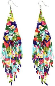 Luluping Long Beaded Tassel Earrings - Big Bohemian Statement Native Beaded Fringe Dangle Earrings for Women, Large Boho Handmade Bead Chandelier Drop Earrings, Metal, not known
