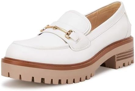 Womens Lug Sole Platform Mid Chunky Heel Loafers Classic Round Toe Slip On Office Uniform Oxfords Shoes with Metal Chain White
