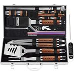 ROMANTICIST 26pcs Extra Thick Stainless Steel Grill Tool Set for Men, Heavy Duty Grilling Accessory Kit for Backyard, BBQ Utensils Gift Set with Meat Thermometer in Aluminum Case for Birthday Brown