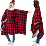 PAVILIA Wearable Blanket Poncho Women Men, Oversized Hoodie Sweatshirt Sweater Neck Warmer, Fleece Soft Hug Sleep Pod Adult, Checker Red, Fleece