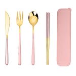 Iktu Premium Gold Plated 304 Stainless Steel Knife Fork Spoon Chopstick Set Flatware Dinnerware Cutlery Tableware Set (Pink)