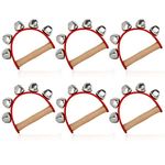 AKOLAFE 6PCS Sleigh Bells Instrument, Red Jingle Bells Instrument with 5 Steel Jingles, Wooden Handle Musical Bells, Leather Strap Music Bells for Christmas, Valentines, Crafts Decor