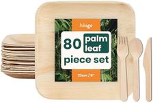 HAAGO Compostable Disposable Tableware Set - 22cm Palm Leaf Plates & Birchwood Cutlery - Eco-Friendly, Freezer & Microwave Safe for Outdoor Dining (80 Pack)