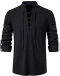 YAOHUOLE Linen Shirt Men Lace Up V Neck Drawstring Shirt Hippie Yoga Shirt Black L