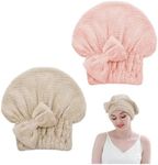 Microfiber Hair Towel Cap, 2 Pack Soft Absorbent Hair Towel Wrap Women Drying Hair Cap Turban Towel with Bow-Knot Shower Cap for Curly, Long, Thick Hair Wet Hair (Khaki & Pink)