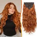 BARSDAR Clip in Hair Extensions, 20 Inch Long Wavy Copper Hair Extensions Clip in 6PCs Full Head Thick Soft Synthetic Clip in Hairpieces for Women Girls Daily Party Halloween- Ginger Copper