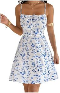 Floerns Women's Summer Floral Cherry Print A Line Short Cami Dress Light Blue and White X-Large