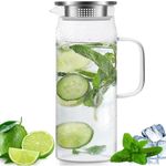 Sharemee - Glass Water Pitcher with Stainless Steel Lid, Wide Mouth with Handle, Easy Pour Spout Water Bottle Carafe Flask Glass Container, Good Heat Resistance Juice Jar Tea Infuser, 1200ml/42oz