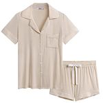 Cherrydew Women Bamboo Viscose Super Soft Comfy Summer Cooling Short Sleeve Button Down Pajama Shorts Sets (Cream,L)