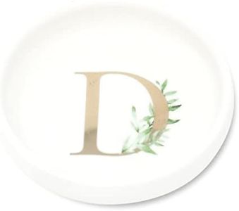 Cedar & Ink Monogrammed Jewelry Tray - Trinket Dish with Gold Ring Holder - Personalized D in White