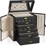 AKOZLIN Huge Jewelry Box 6 Tier Jewelry Case Lockable Large Jewelry Storage Organizer with Mirror,Drawers & Dividers for Rings Necklace Earring Bracelet Watches Glasses,Black 11.8"×6.7"×12.6" Bigger