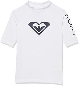 Roxy Girls' Whole Hearted Short Sleeve Rashguard Surf Shirt, Bright White, 12 Years