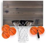 Cali Kiwi Pros MVP Mini Indoor Basketball Hoop & Ball Set in Solid red Cedar Made in USA. Unique Over The Door or Wall Option 5 Mini Basketballs for Indoor Fun. (3P-Mini-AgedWash-Back_Rim)