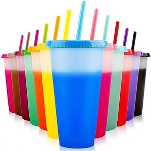 EASEVE Bicchieri che cambiano colore con coperchi e cannucce, confezione da 12 bicchieri in plastica riutilizzabili da 680,4 g, con coperchio e cannucce, per feste di adulti e bambini, bicchieri sfusi