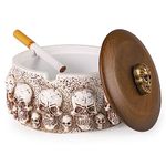 Skull Ashtray with Lid for Cigarettes Natural Resin Ash Tray for Indoor or Outdoor Use Cool Ashtrays and Halloween Decorations for Home and Garden Decor (White)