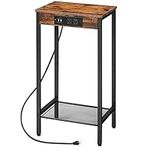 HOOBRO Tall Side Table with Charging Station, Industrial End Telephone Table with Mesh Shelf, Small Entryway Table, Slim Nightstand for Living Room, Hallway, Bedroom, Rustic Brown and Black BF08UDH01