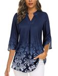 Zamowoty Blouse for Women Casual V Neck Tunics Blouse Tops Ladies Cuffed 3/4 Sleeve Office Work Shirts Elegant Soft Pleats Fitted Top Dressy Professional Clothes Dark Blue Floral Medium