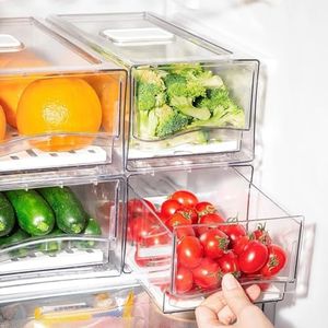 SYAMEET 2 Pack Clear Stackable Fridge Organizers and storage,Fridge Organizer Bins with Lids、Drain Tray and Drawer,Large Food Container Storage Box for Fruit & Vegetable Storage-Small Size