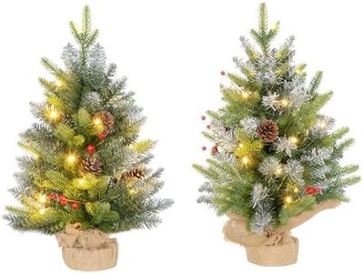 HOMCOM 2 Pieces 2ft Prelit Artificial Christmas Tree with LED Light and 141 Tips, Concrete Base, Tabletop Xmas Tree with Pine Cones and Red Berries, Green