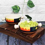 THEARTISANEMPORIUM Boho Fiesta Ceramic Snack Bowls with Handles, Hand-Painted Handled Soup Bowls and Ceramic Snacks Serving Bowls Set (2 Pieces, 300ml, Microwave Safe)