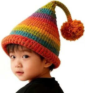 Rainbow Striped Knit Hat with Pom Pom, Kids Winter Beanie, Colorful Crochet Style, Pointed Elf Cap,Handmade Crochet Hat (US, Age, 3 Years, 8 Years, Rainbow)