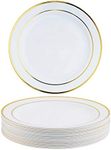 MATANA 25 pc Reusable Gold Plastic Plates 7.5" Inch with White & Gold Rim, Heavy Duty Party Plates Ideal for Salad, Dessert, Appetizer - Elegant & Premium for Parties, Wedding, Events