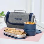 Borosil Carrymore Microwavable Stainless Steel Lunchbox with Bag | 3pc Container Set | Tiffin with Food Grade Steel | 1 Year Warranty (Lunchbox with Chappati Box)