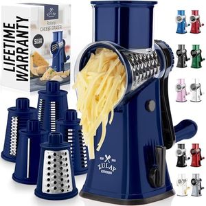 Zulay Rotary Cheese Grater 5 Blade Cheese Shredder - Manual Hand Crank Cheese Grater With Reinforced Suction & 5 Interchangeable Drums - Easy to Use Vegetable Chopper - Crystal Sapphire